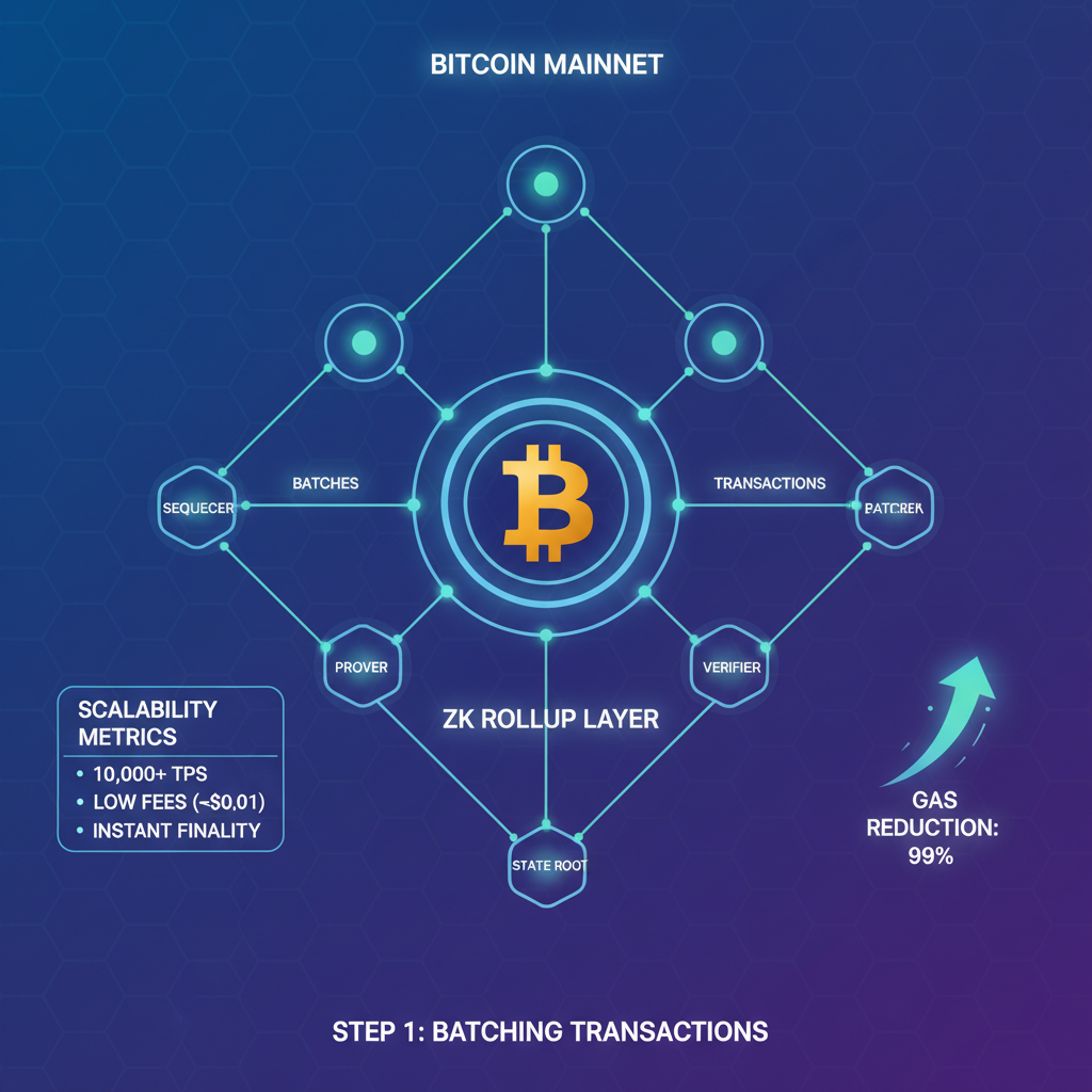 sleek futuristic bitcoin zk rollup network diagram with glowing nodes and scalability metrics