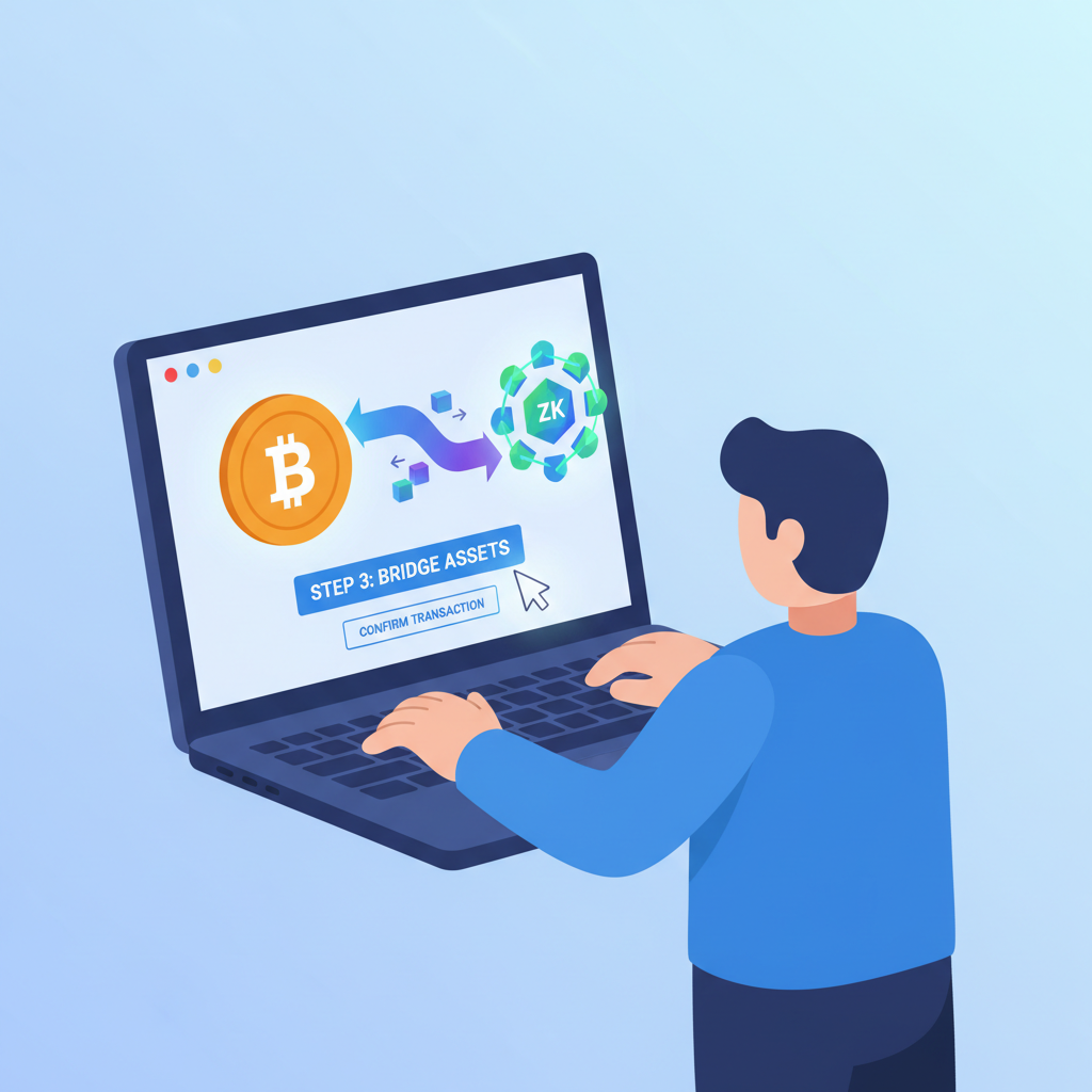 user bridging bitcoin across glowing zk rollup bridge interface on laptop screen