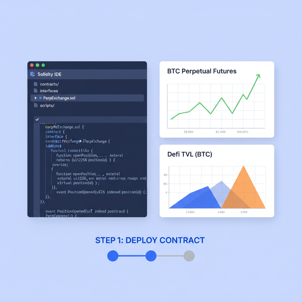 Solidity code editor with perp exchange contract, Bitcoin DeFi charts